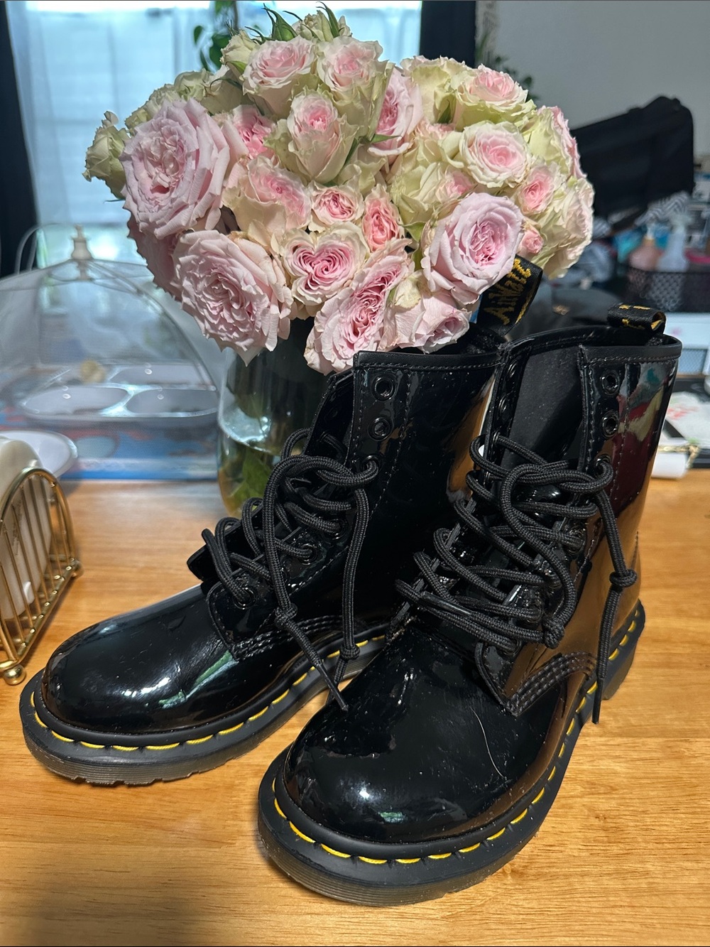 Dr. Martens Black Patent Lace-Up Combat Boots with Yellow Stitching